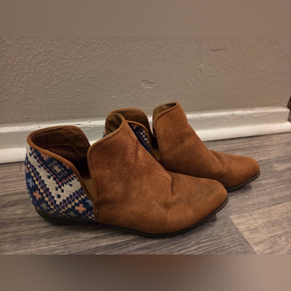 Cat & Jack Brown Suede Ankle Booties with Tribal Print Detail